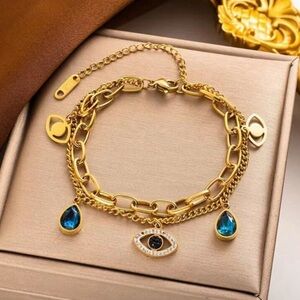 18k Gold Plated Evil Eye Charm Bracelet | Layered Chain